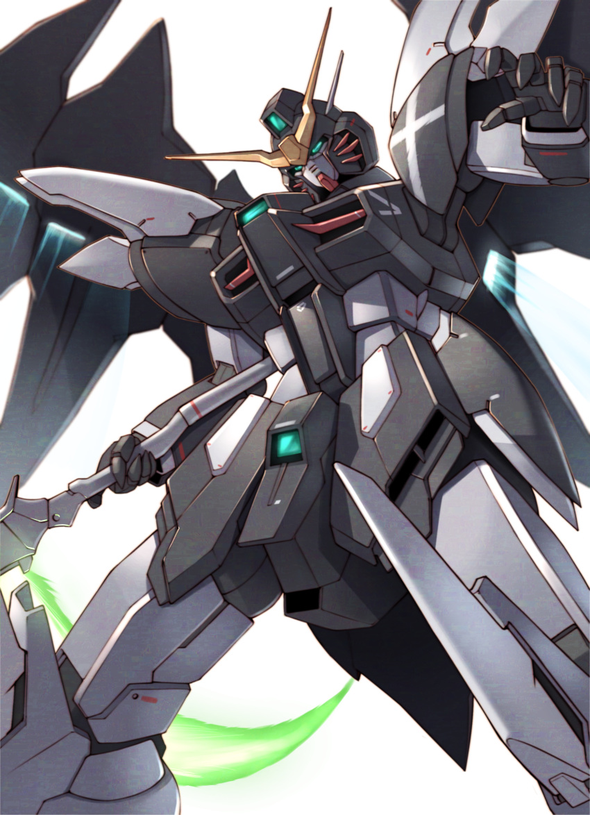 absurdres beam_scythe commentary energy_weapon feet_out_of_frame green_eyes gundam gundam_deathscythe gundam_deathscythe_hell_custom gundam_wing gundam_wing_endless_waltz hand_up highres holding holding_weapon looking_down mecha mobile_suit no_humans open_hand robot science_fiction simple_background solo standing takahashi_masaki v-fin weapon white_background