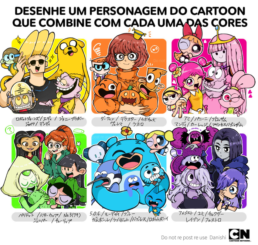 adventure_time amethyst_(steven_universe) artist_name black_hair black_hairband black_tank_top blooregard_q_kazoo blossom_(ppg) blue_eyes bow bracelet brown_hair bubbles_(ppg) buttercup_(ppg) camp_lazlo cartoon_network character_request chowder_(character) chowder_(series) clenched_teeth closed_eyes codename:_kids_next_door color_connection colored_skin colored_tongue commentary copyright_request courage_(character) courage_the_cowardly_dog crossover crown danishi darwin_watterson dc_comics dexter's_laboratory dexter_(dexter's_laboratory) double_bun dress ed_edd_n_eddy eddy_(ed_edd_n_eddy) eighth_note fangs foster's_home_for_imaginary_friends glasses green_skin green_sweater grey_skin gumball_watterson hair_bow hair_bun hair_ornament hair_over_one_eye hairband hairclip half-closed_eye hat heart hi_hi_puffy_amiyumi highres jake_the_dog jewelry johnny_bravo johnny_bravo_(series) juniper_lee k.o._(ok_k.o.!) kuki_sanban lazlo_(camp_lazlo) mandy_(grim_adventures) mini_hat mixed-language_text mordecai_(regular_show) multicolored_hair multiple_crossover musical_note ok_k.o.!_let's_be_heroes one_eye_closed oonuki_ami open_mouth orange_hair panini_(chowder) peridot_(steven_universe) pink_eyes pink_hair pink_skin ponytail powerpuff_girls princess_bonnibel_bubblegum purple_hair purple_skin raven_(dc) regular_show robot robot_jones scooby-doo sleeves_past_fingers sleeves_past_wrists smile spanish_text sparkle spiked_bracelet spikes squiggle steven_universe streaked_hair sunglasses sweater tank_top teen_titans teeth the_amazing_world_of_gumball the_grim_adventures_of_billy_&amp;_mandy the_life_&amp;_times_of_juniper_lee tiara tongue tongue_out translation_request twintails two-tone_hair v velma_dace_dinkley watermark whatever_happened_to..._robot_jones? yellow_dress yoshimura_yumi