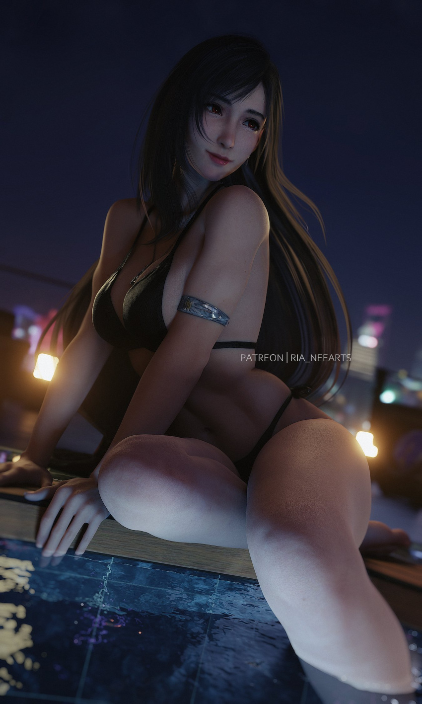 1girl 3d arm_support armlet artist_name bare_shoulders barefoot bikini black_bikini black_hair blurry blurry_background breasts cleavage closed_mouth commentary final_fantasy final_fantasy_vii final_fantasy_vii_ever_crisis final_fantasy_vii_remake foot_out_of_frame highleg highleg_bikini highres jewelry large_breasts long_hair looking_to_the_side navel necklace night night_sky outdoors partially_submerged patreon_username pool poolside red_eyes red_lips ria_(baka-neearts) side-tie_bikini_bottom sitting sky skyline solo stomach swept_bangs swimsuit symbol-only_commentary tifa_lockhart tifa_lockhart_(lifeguard) water yokozuwari