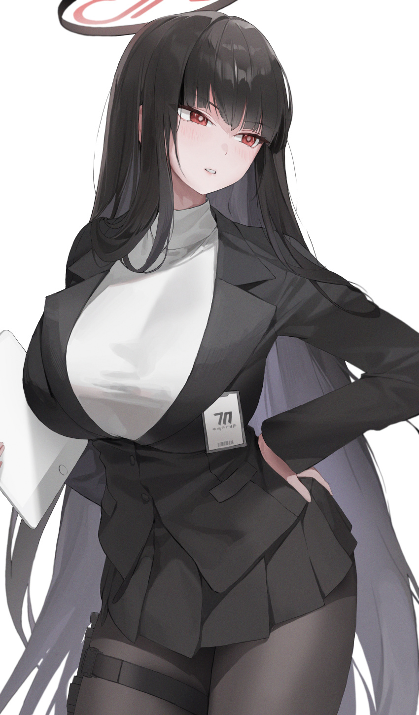 1girl absurdres black_hair black_jacket black_skirt blazer blue_archive breasts bright_pupils choyeon cowboy_shot grey_pantyhose halo hand_on_own_hip highres holding id_card ipad jacket large_breasts long_hair long_sleeves looking_to_the_side miniskirt pantyhose parted_lips pleated_skirt red_eyes rio_(blue_archive) simple_background skirt solo standing sweater tablet_pc taut_sweater thigh_strap very_long_hair white_background white_sweater