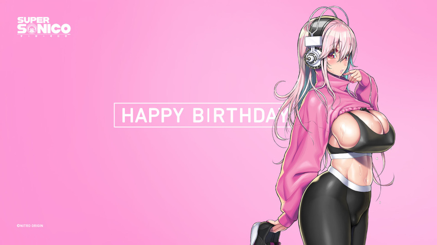1girl aqua_hair black_sports_bra blush bra breasts cleavage colored_inner_hair crop_top finger_to_mouth hair_between_eyes happy_birthday headphones high-waist_pants highres large_breasts long_hair long_sleeves looking_at_viewer midriff multicolored_hair navel nitroplus official_art pants pink_background pink_hair pink_sweater red_eyes skindentation solo sports_bra standing stomach super_sonico sweat sweater tight_clothes tight_pants tsuji_santa two-tone_hair underwear yoga_pants