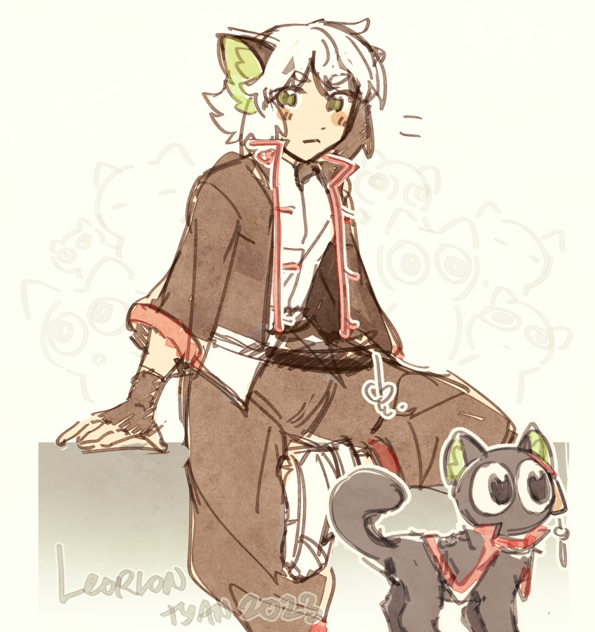 1boy animal_ears artist_name black_cat black_gloves black_jacket black_pants blush cat cat_boy cat_ears commentary english_commentary fingerless_gloves gloves green_eyes highres jacket leorlontyan luo_xiaohei luo_xiaohei_zhanji male_focus pants shirt short_hair sitting sketch solo white_footwear white_hair white_shirt