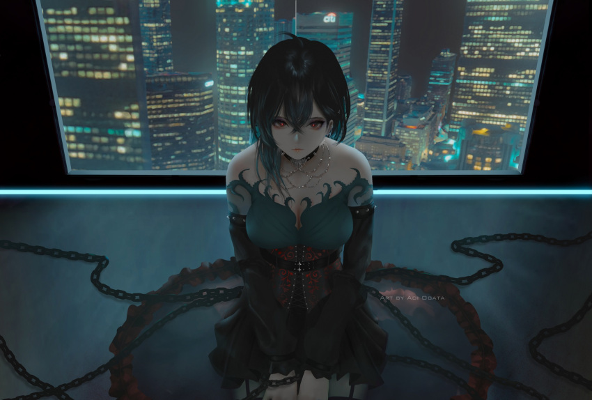 1girl aoi_ogata bare_shoulders black_dress black_hair blue_hair building chain closed_mouth commentary dress english_commentary hair_between_eyes highres indoors long_hair long_sleeves looking_at_viewer night original puffy_long_sleeves puffy_sleeves red_pupils skyscraper solo strapless strapless_dress