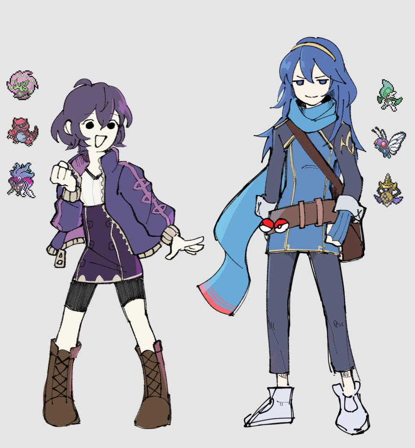 2girls aegislash beautifly bike_shorts black_hair blue_eyes blue_hair byuuli fire_emblem gallade headband highres jacket krookodile lucina_(fire_emblem) malamar morgan_(female)_(fire_emblem) morgan_(fire_emblem) multiple_girls poke_ball poke_ball_(basic) pokemon purple_jacket scarf spiritomb