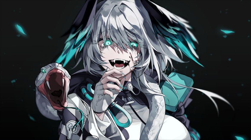 1girl absurdres aqua_eyes aqua_wings arknights black_background black_wings blood blood_on_face breasts eyelashes fangs fingerless_gloves fingernails forked_tongue gloves grey_hair hair_between_eyes highres ho'olheyak_(arknights) kithera large_breasts long_sleeves looking_at_viewer multicolored_wings nail open_mouth saliva sharp_fingernails simple_background snake solo teeth tongue upper_body white_gloves white_snake wings