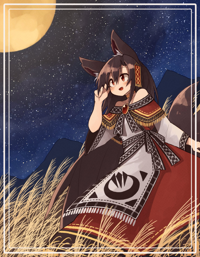 1girl adapted_costume animal_ear_fluff animal_ears blush brown_hair dress fang full_moon hair_between_eyes highres imaizumi_kagerou kaginoni long_hair moon open_mouth red_dress red_eyes smile solo tail touhou white_dress wolf_ears wolf_tail