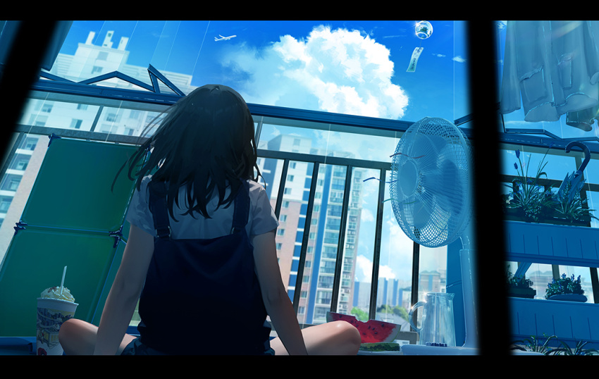 1girl aircraft airplane arm_support balcony blue_sky brown_hair building city cloud contrail electric_fan facing_away food from_behind fruit ice_cream leaning_back long_hair original outdoors pitcher_(container) planter railing refrigerator shirt short_sleeves shorts sky sliding_doors solo spread_legs suspenders umbrella watermelon watermelon_slice white_shirt wind wind_chime xingyue_ling