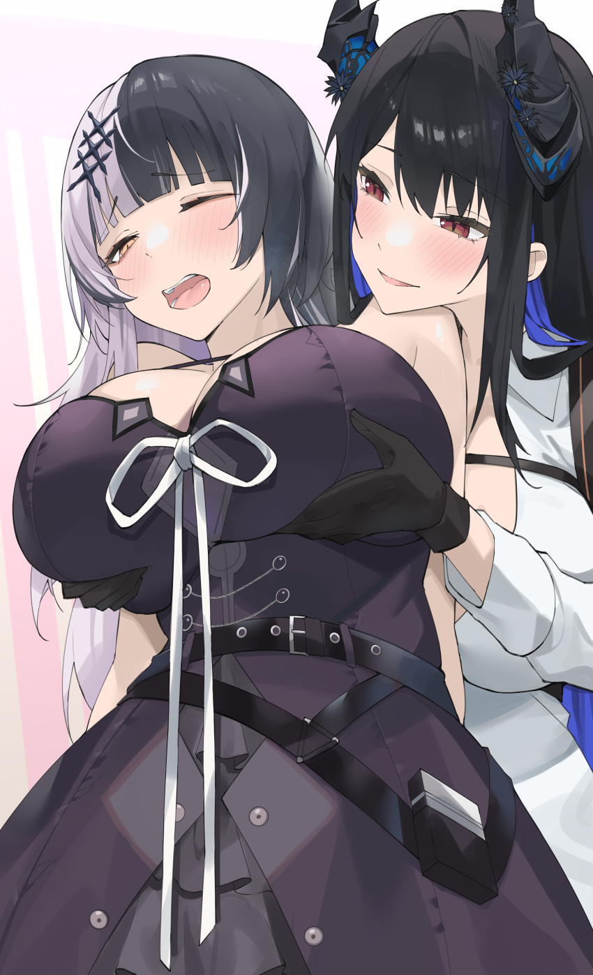 2girls absurdres belt black_belt black_dress black_flower black_gloves black_hair black_horns blue_hair breasts byeon_dha chest_strap cleavage collared_shirt colored_inner_hair dress flower gloves grabbing grabbing_another's_breast grey_hair hair_ornament highres hololive hololive_english horn_flower horns large_breasts long_hair multicolored_hair multiple_girls nerissa_ravencroft one_eye_closed open_mouth red_eyes ribbon shiori_novella shirt split-color_hair strap_gap white_ribbon white_shirt yellow_eyes yuri