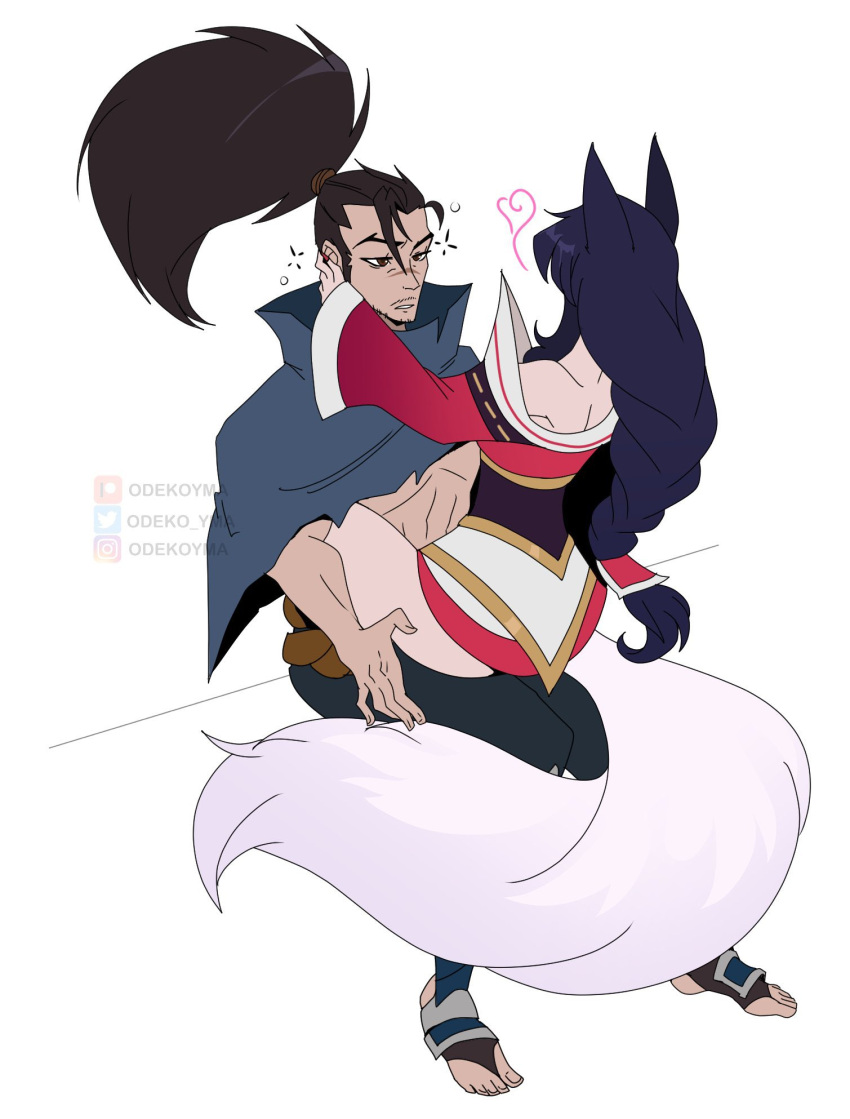 1boy 1girl ahri_(league_of_legends) animal_ears artist_name bare_shoulders beard black_hair black_pants brown_hair facial_hair facing_another fox_ears fox_girl fox_tail from_behind heart highres invisible_chair kitsune korean_clothes kyuubi league_of_legends long_hair long_sleeves looking_at_another multiple_tails odeko_yma on_lap pants ponytail simple_background sitting tail watermark white_background yasuo_(league_of_legends)