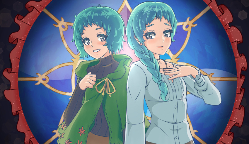 2girls blue_hair braid highres jewelry juno_(megami_tensei) long_hair lulushi057 multiple_girls necklace persona persona_3 persona_4:_the_ultimate_in_mayonaka_arena persona_4:_the_ultimax_ultra_suplex_hold short_hair sweater turtleneck turtleneck_sweater yamagishi_fuuka