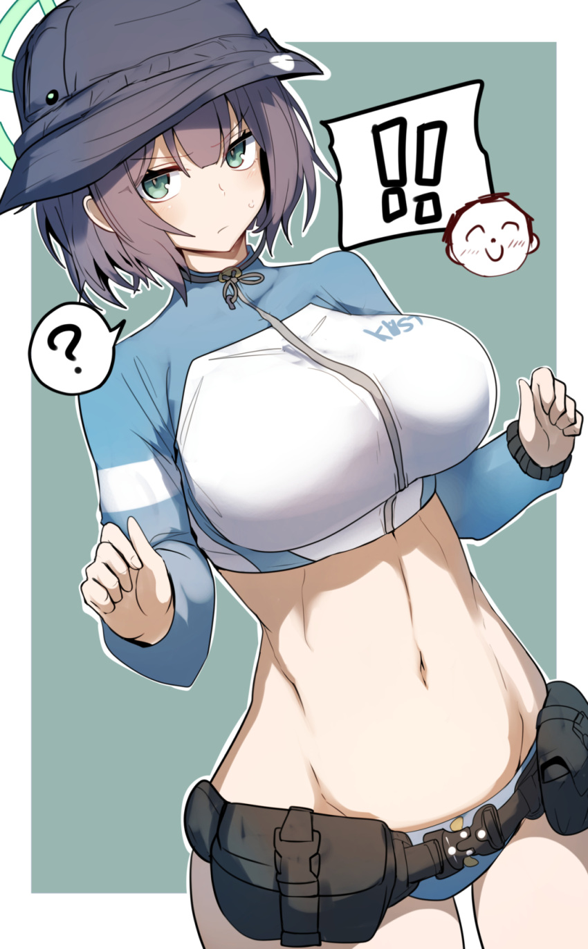 ! !! 1girl 1other ? belt black_belt black_headwear blue_archive blue_panties breasts commentary_request cowboy_shot crop_top cropped_jacket gin_moku green_eyes grey_hair highres large_breasts long_sleeves looking_at_viewer midriff navel no_pants panties pouch saki_(blue_archive) saki_(swimsuit)_(blue_archive) short_hair spoken_question_mark standing stomach underwear