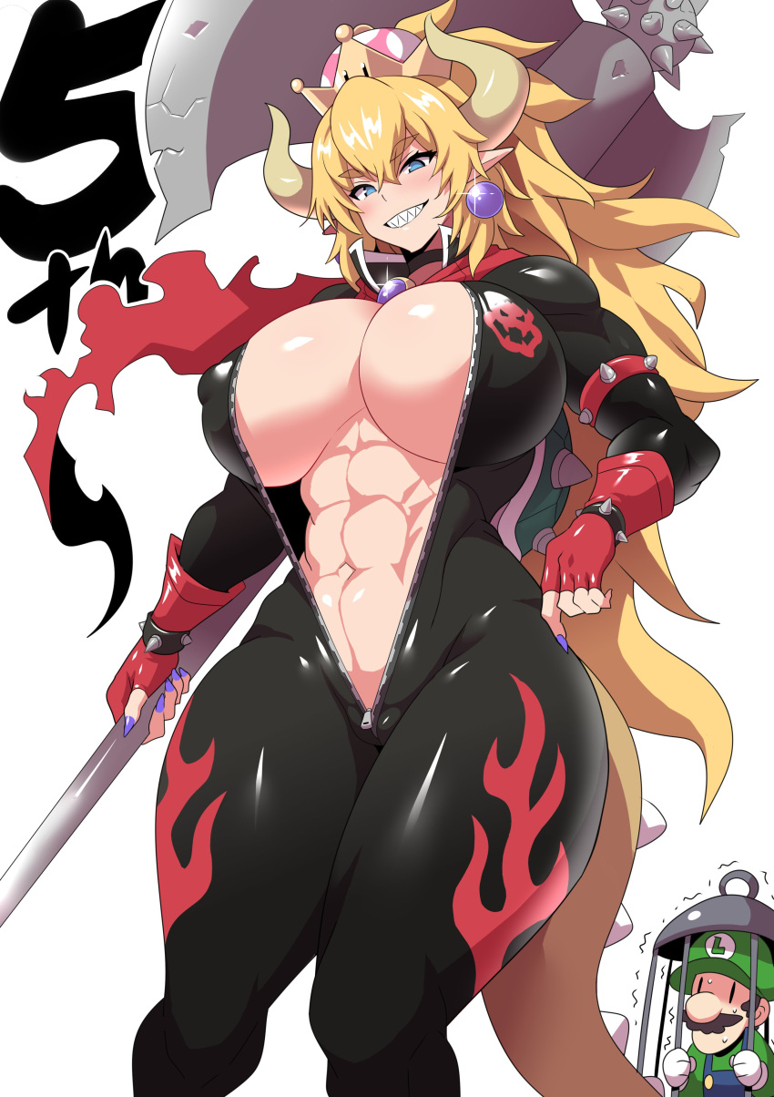 1boy 1girl abs absurdres armlet axe biker_clothes bikesuit black_bodysuit blonde_hair blue_eyes blush bodysuit bowser bowsette bracelet breasts cleavage crown earrings fingerless_gloves gloves grin hair_between_eyes highres holding holding_weapon horns huge_breasts jewelry konno_tohiro long_hair looking_at_viewer luigi mario_(series) muscular muscular_female nail_polish navel new_super_mario_bros._u_deluxe open_clothes purple_nails sharp_teeth simple_background smile solo_focus spiked_armlet spiked_bracelet spiked_shell spiked_tail spikes standing stomach super_crown tail teeth thick_eyebrows thick_thighs thighs turtle_shell unzipped weapon white_background wide_hips zipper zipper_pull_tab