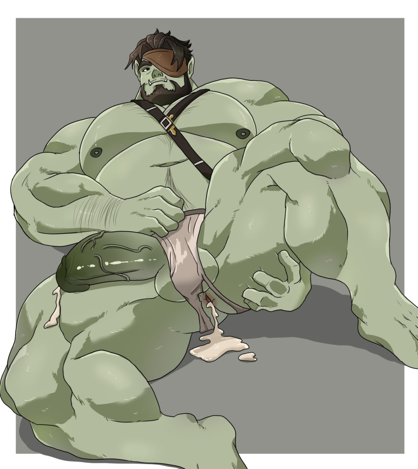 1boy after_anal after_sex anus ass bara beard belly chest_belt clothing_aside colored_skin commission cum cum_in_ass cumdrip dadee_(da_ddy22) eyepatch facial_hair final_fantasy final_fantasy_xiv from_behind girthy_penis green_skin hairy half-erect highres implied_yaoi jockstrap lying male_focus male_underwear male_underwear_aside mature_male muscular muscular_male navel navel_hair nipples on_back orc penis roegadyn solo spread_anus spread_legs stomach strongman_waist thick_eyebrows thick_thighs thigh_grab thighs topless_male tusks uncensored underwear veins veiny_penis warrior_of_light_(ff14) white_male_underwear