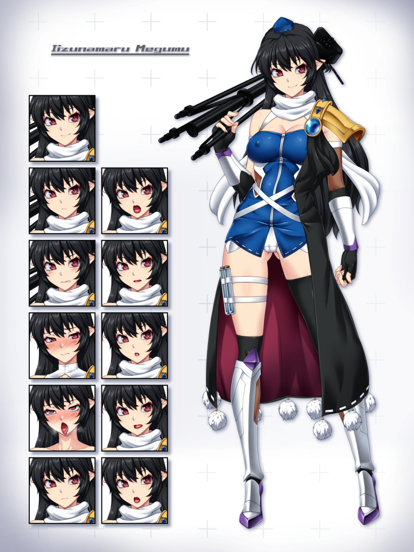 1girl alternate_costume black_hair black_thighhighs breasts character_name commission expressions fingerless_gloves full_body gloves hat highres holding_tripod iizunamaru_megumu looking_at_viewer ootsuki_wataru pointy_ears red_eyes romaji_text shoulder_guard skeb_commission smile solo standing tachi-e test_tube thigh_strap thighhighs tokin_hat touhou