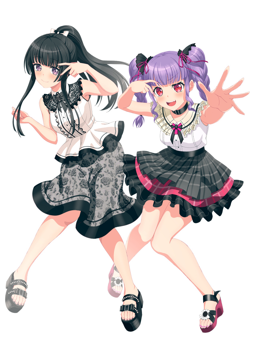 2girls absurdres bang_dream! barefoot black_hair black_skirt braid detached_sleeves floral_print full_body hair_ornament hair_ribbon highres looking_at_viewer lubarazi multiple_girls ponytail purple_eyes red_eyes red_footwear ribbon shirokane_rinko shirt skirt twin_braids twintails two-tone_skirt udagawa_ako v white_ribbon white_shirt