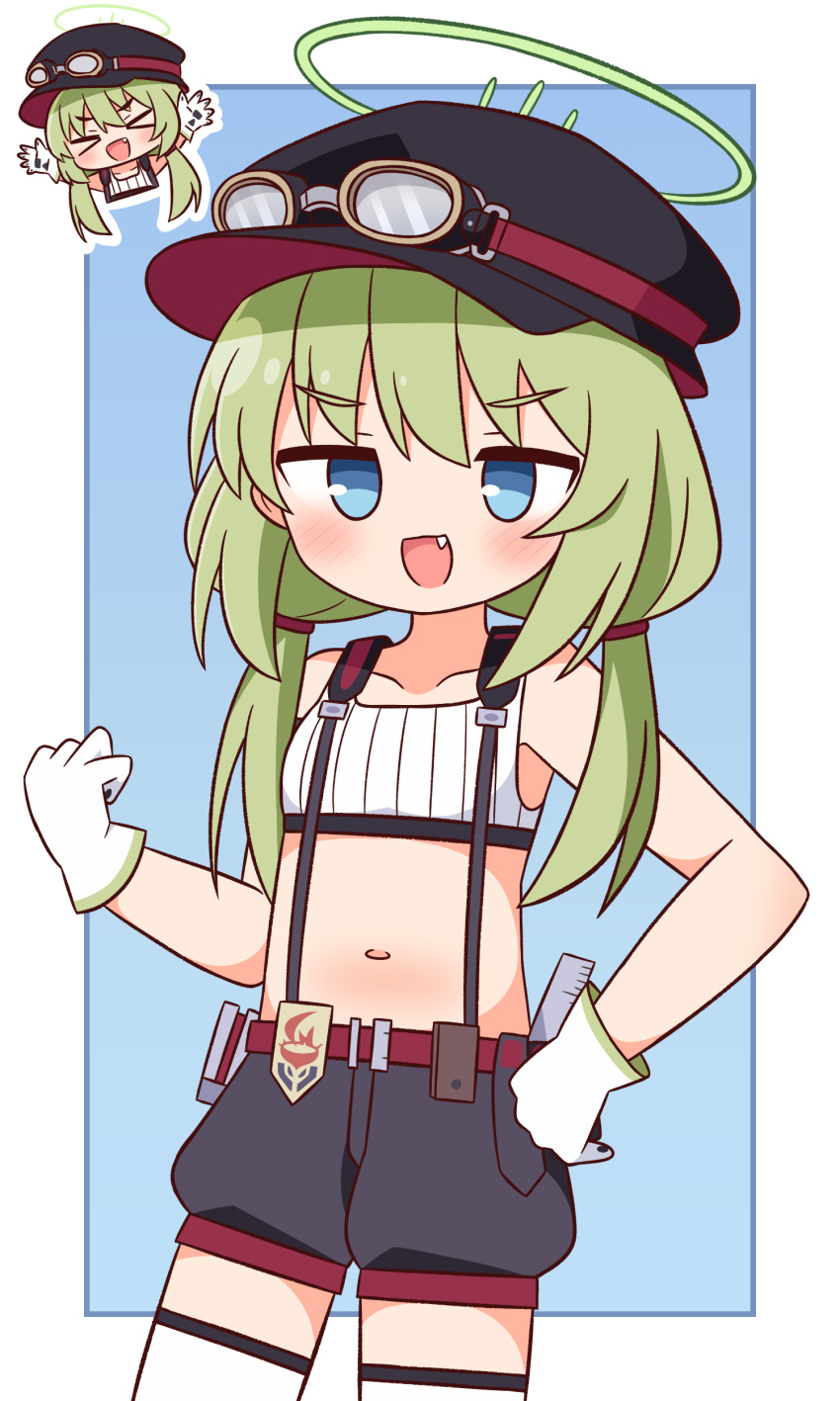 &gt;_&lt; 1girl absurdres black_headwear black_shorts blue_archive blue_eyes blush collarbone cowboy_shot fang flat_chest gloves green_hair green_halo halo hana_kazari hat highres hot_springs_department_member_(blue_archive) long_hair multiple_views navel open_mouth shorts smile suspender_shorts suspenders thighhighs white_gloves white_thighhighs