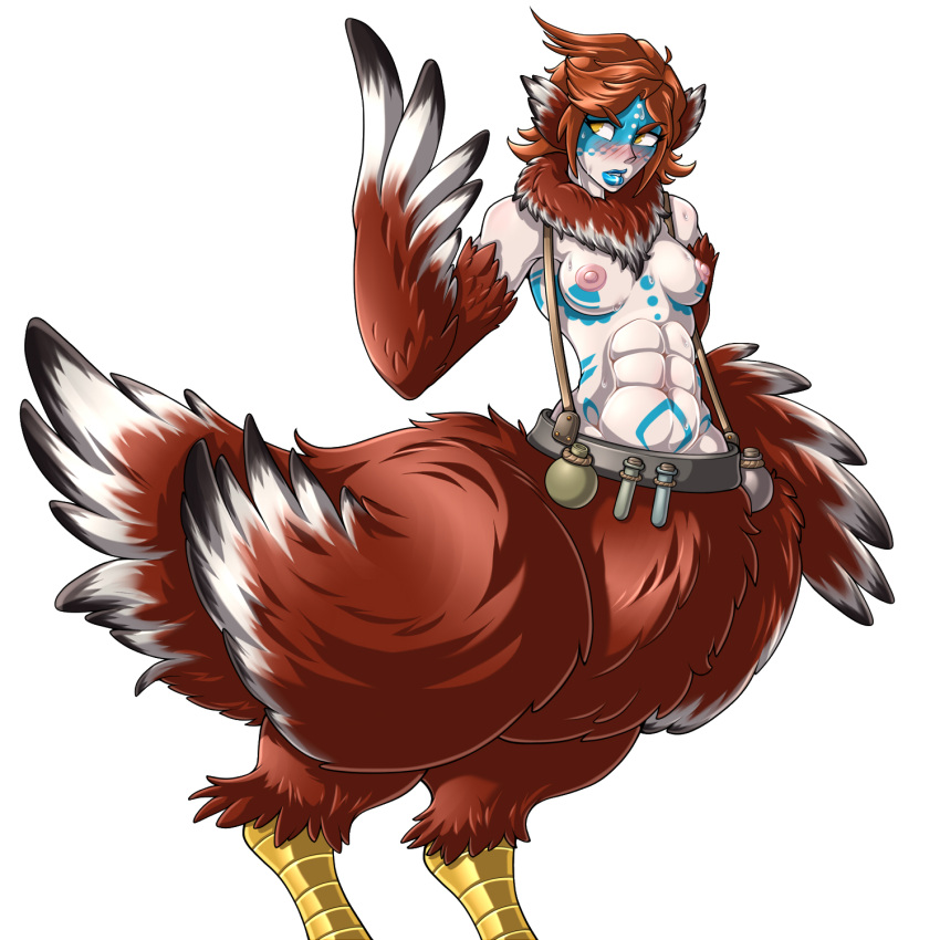2023 abs adjatha avian avian_taur bird bird_taur black_highlights blue_lipstick blue_markings blush bodily_fluids bodypaint breasts brown_body brown_feathers brown_hair feathered_arms feathers female flask hair hi_res highlights_(coloring) lipstick looking_away makeup markings multicolored_body multicolored_feathers muscular muscular_female neck_tuft nipples nude pink_nipples simple_background small_breasts solo standing story story_in_description sweat taur trials_in_tainted_space tuft white_background white_body white_feathers winged_arms wings yellow_eyes