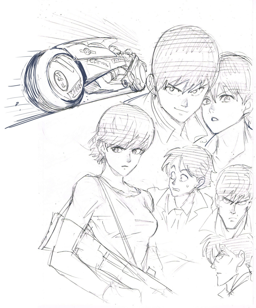 &gt;:( 1girl 3boys breasts closed_mouth collarbone frown furrowed_brow gun hair_between_eyes highres holding holding_gun holding_weapon jacket kai_(akira) kaneda_shoutarou's_bike kaneda_shoutarou_(akira) kei_(akira) large_breasts light_smile looking_at_viewer monochrome motor_vehicle multiple_boys multiple_views murata_yuusuke necktie open_mouth shirt short_hair short_sleeves sketch smile sweatdrop t-shirt upper_body v-shaped_eyebrows weapon yamagata_(akira)