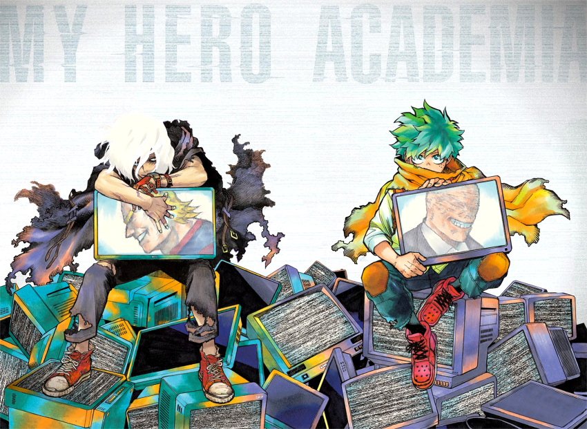 2boys all_for_one_(boku_no_hero_academia) all_might aqua_eyes arm_rest bare_arms belt black_belt black_pants black_socks blonde_hair blue_pants boku_no_hero_academia bright_pupils cape check_clothing commentary copyright_name covered_mouth cracked_skin cross-laced_footwear crt denim detexted english_commentary eyebrows_hidden_by_hair fingernails flat_screen_tv floating_cape freckles gradient_background green_hair hair_between_eyes hand_guard hands_up highres holding holding_television horikoshi_kouhei jeans leaning_forward looking_at_viewer male_focus midoriya_izuku multicolored_hair multiple_boys official_alternate_costume official_art pants pile pressing profile red_eyes red_footwear sanpaku scanlines scar scar_on_arm scar_on_face scar_on_hand screen shigaraki_tomura shirt shoes short_hair sitting sitting_on_object sleeves_past_elbows smile sneakers socks spoilers static streaked_hair television text_background third-party_edit third-party_source torn_cape torn_clothes torn_pants white_background white_hair white_pupils wide_shot wrinkled_skin yellow_cape
