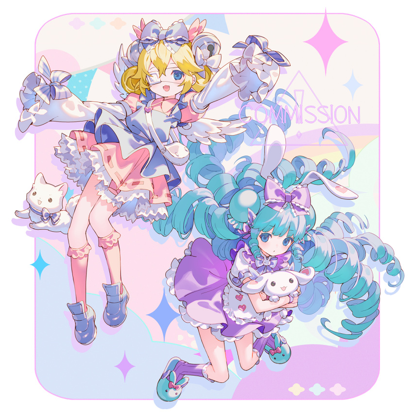 2girls :d animal animal_ears animal_hug animal_slippers apron bell blonde_hair blue_apron blue_bow blue_eyes blue_footwear bow bunny_slippers closed_mouth commentary_request commission cutesu_(cutesuu) dog double_bun eyepatch frilled_apron frilled_socks frills green_footwear green_hair hair_bell hair_between_eyes hair_bow hair_bun hair_ornament highres jingle_bell kneehighs layered_sleeves loafers long_sleeves medical_eyepatch miruku_(cutesuu) multiple_girls original pink_shirt pink_skirt pink_socks pleated_skirt purple_bow purple_skirt purple_socks rabbit rabbit_ears ribbed_legwear ribbed_socks shirt shoes short_over_long_sleeves short_sleeves skeb_commission skirt sleeves_past_fingers sleeves_past_wrists slippers smile socks suspender_skirt suspenders white_apron white_shirt yamiko