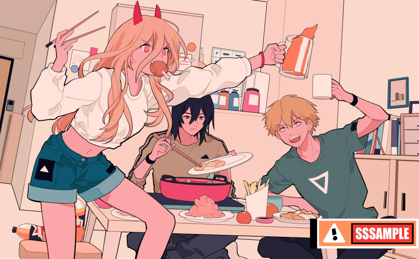 1girl 2boys absurdres arm_up black_hair blonde_hair chainsaw_man chopsticks cross-shaped_pupils cup denim denim_shorts denji_(chainsaw_man) food_in_mouth hair_between_eyes hair_down hayakawa_aki highres holding holding_chopsticks holding_cup horns long_hair looking_at_another looking_down looking_to_the_side multiple_boys null024 open_mouth plate power_(chainsaw_man) red_eyes red_horns sample_watermark sharp_teeth short_hair shorts smile soda_bottle sweater symbol-shaped_pupils teeth white_sweater