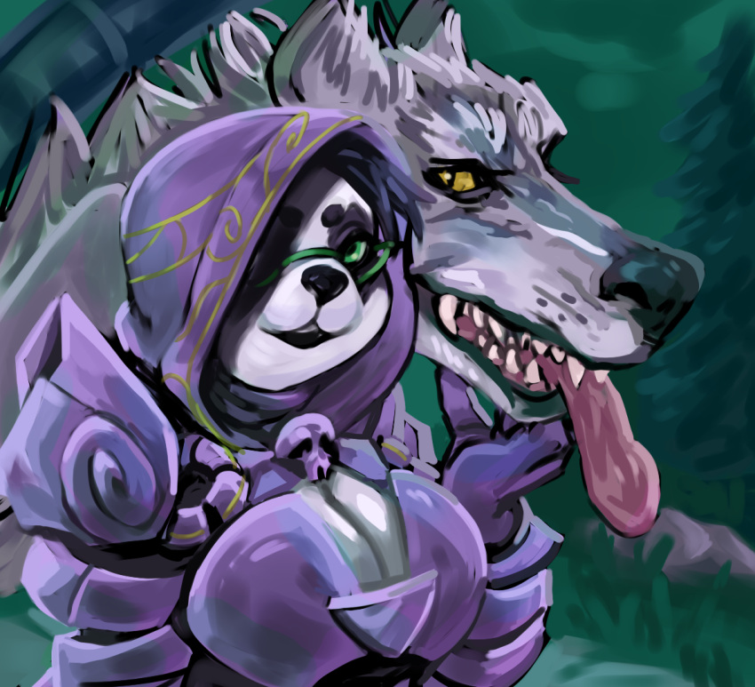 armor bear blizzard_entertainment canid canine canis clothing death_knight dire_wolf female lostwisdom mammal pandaren purple_clothing solo undead warcraft wolf