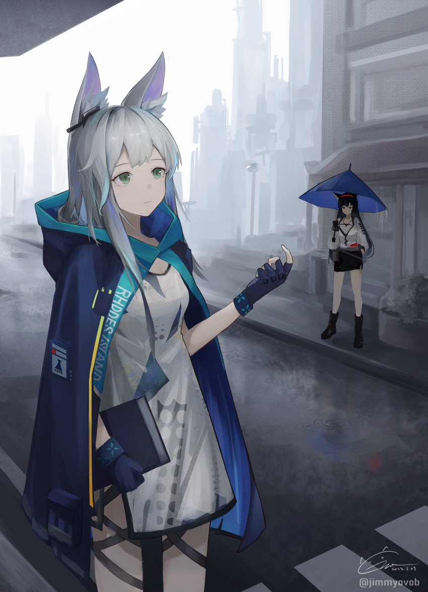 2girls absurdres animal_ear_fluff animal_ears arknights black_footwear black_skirt blue_cape blue_gloves book boots cape character_request closed_mouth commentary_request dress fingerless_gloves full_body gloves gmi_(jimmyovob) green_eyes grey_hair hand_up highres holding holding_book holding_umbrella hood hooded_cape long_hair long_sleeves looking_up multicolored_hair multiple_girls outdoors rain road rosmontis_(arknights) shirt short_dress signature skirt standing streaked_hair twitter_username umbrella white_dress white_shirt