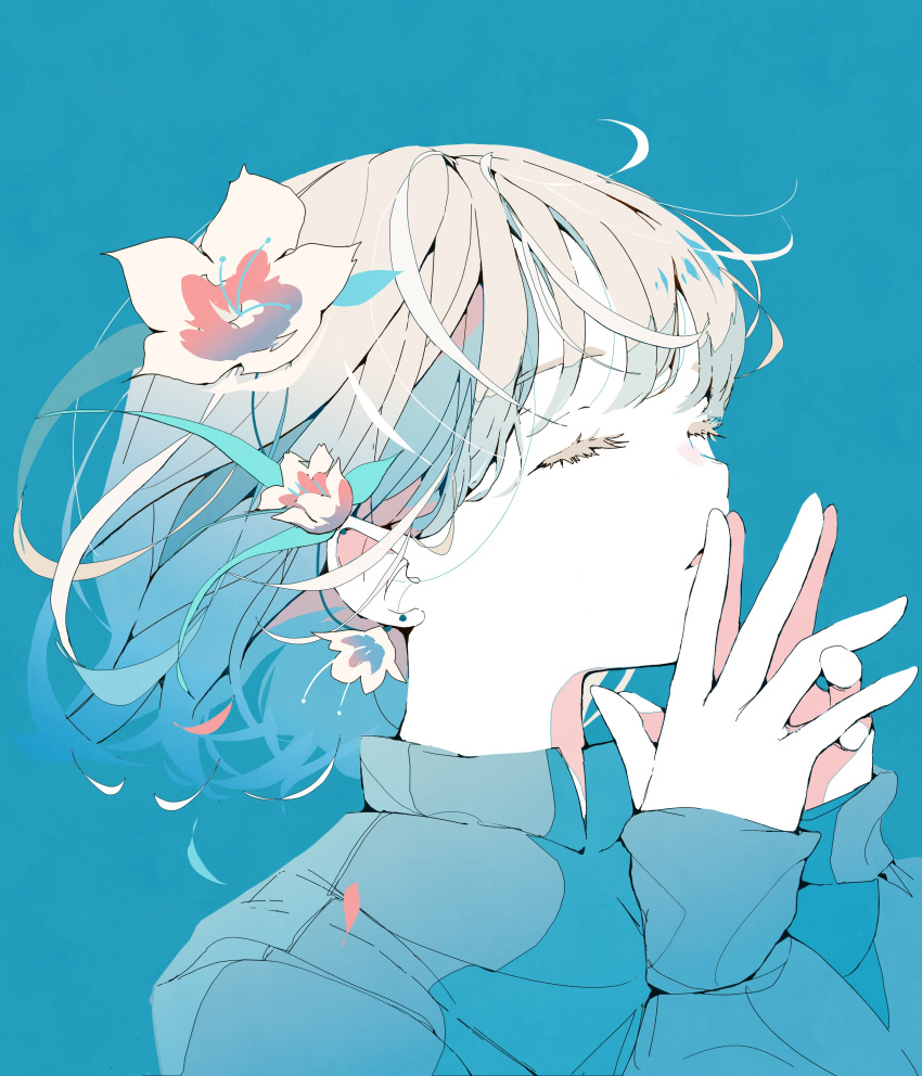 1girl absurdres aqua_background aqua_sweater collared_shirt colored_skin ear_piercing eyelashes flower grey_hair hair_flower hair_ornament hand_to_own_mouth highres lily_(flower) long_sleeves nocopyrightgirl original parted_lips piercing shirt short_hair solo steepled_fingers sweater upper_body white_skin