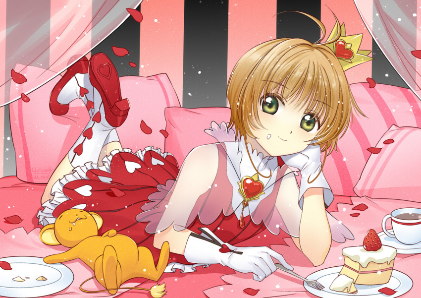 1girl 1other antenna_hair bare_shoulders bed bedroom boots brooch brown_hair cake cardcaptor_sakura chrisanother clamp_(circle)_(style) cream cream_on_face crown dress falling_petals food food_on_face fork frilled_dress frills gloves green_eyes head_rest heart heart_brooch holding holding_fork jewelry kero kinomoto_sakura looking_at_viewer lying magical_girl mini_crown on_stomach petals pillow red_dress see-through shawl short_hair smile solo strawberry_shortcake tea the_pose white_footwear white_gloves