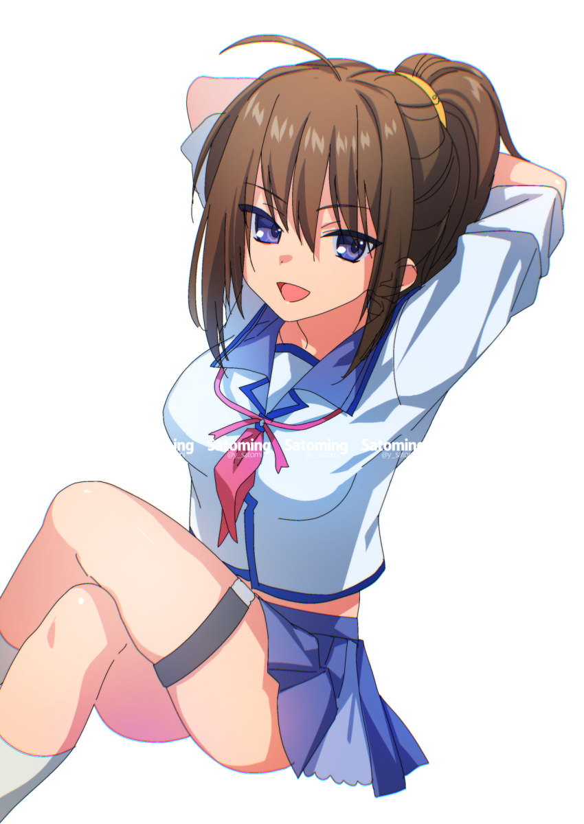 ahoge angel_beats! arms_behind_head blue_eyes blue_sailor_collar blue_skirt brown_hair crossed_legs feet_out_of_frame highres hisako_(angel_beats!) invisible_chair long_sleeves looking_at_viewer neckerchief pink_neckerchief sailor_collar satomi_yoshitaka school_uniform serafuku shinda_sekai_sensen_uniform sidelocks sitting skirt smile socks white_socks