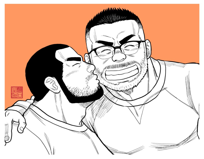 2boys ^_^ adam's_apple banjyaku bara beard blush buzz_cut closed_eyes couple facial_hair glasses greyscale_with_colored_background grin hand_on_another's_shoulder happy kiss kissing_cheek male_focus multicolored_hair multiple_boys muscular muscular_male mustache_stubble old old_man orange_background original pectorals short_hair smile thick_eyebrows two-tone_hair upper_body v-shaped_eyebrows very_short_hair wrinkled_skin yaoi