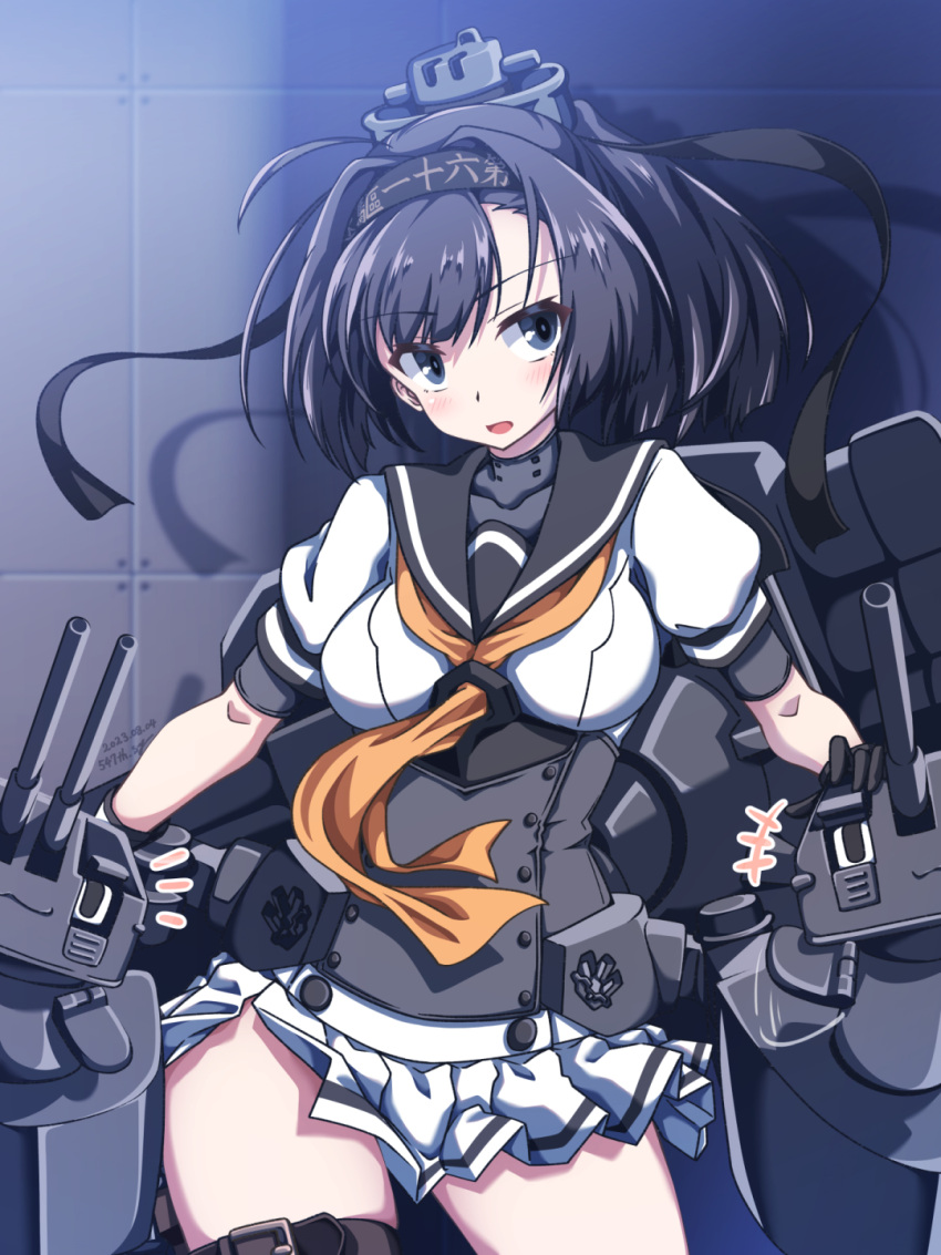 1girl 547th_sy ahoge akizuki_(kancolle) black_hair black_headband black_sailor_collar breasts chou-10cm-hou-chan clothes_writing corset cowboy_shot grey_eyes hachimaki headband highres kantai_collection looking_at_viewer machinery medium_breasts neckerchief necktie orange_neckerchief orange_necktie ponytail sailor_collar school_uniform serafuku skirt white_skirt