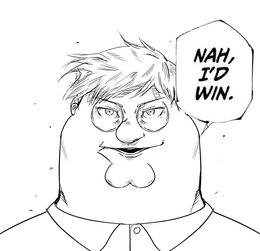 1boy cleft_chin collared_shirt english_text family_guy fat glasses greyscale highres jujutsu_kaisen looking_at_viewer male_focus meme monochrome nah_i'd_win_(meme) nickwheee peter_griffin round_eyewear shirt short_hair solo speech_bubble