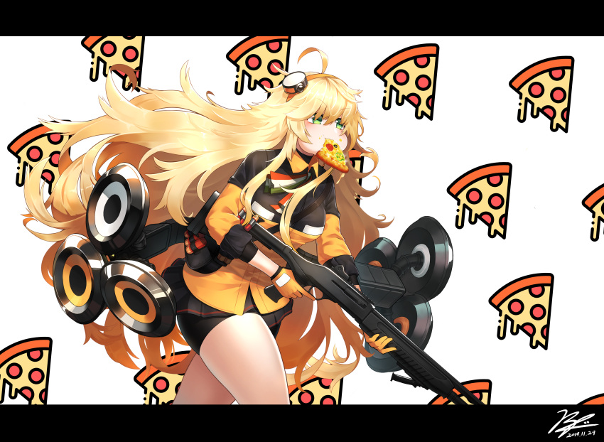 1girl absurdres ahoge bell_pepper_slice bike_shorts black_gloves black_jacket black_shorts black_skirt blonde_hair blush breasts commentary_request dated fabarm_sat-8 food food-themed_background food_in_mouth food_on_face girls'_frontline gloves green_eyes gun hair_between_eyes hair_ornament hairband highres holding holding_gun holding_weapon italian_flag italian_flag_print jacket korean_commentary large_breasts letterboxed long_hair long_sleeves messy_hair mixed-language_commentary mouth_hold multicolored_clothes multicolored_jacket neck_ribbon olive orange_gloves orange_hairband orange_jacket partial_commentary pepperoni pizza pizza_background pleated_skirt print_ribbon puffy_cheeks redshark7839 ribbon s.a.t.8_(girls'_frontline) shield shield_module shorts shotgun shotgun_shell signature simple_background skindentation skirt solo trigger_discipline two-sided_gloves two-tone_jacket v-shaped_eyebrows very_long_hair weapon white_background