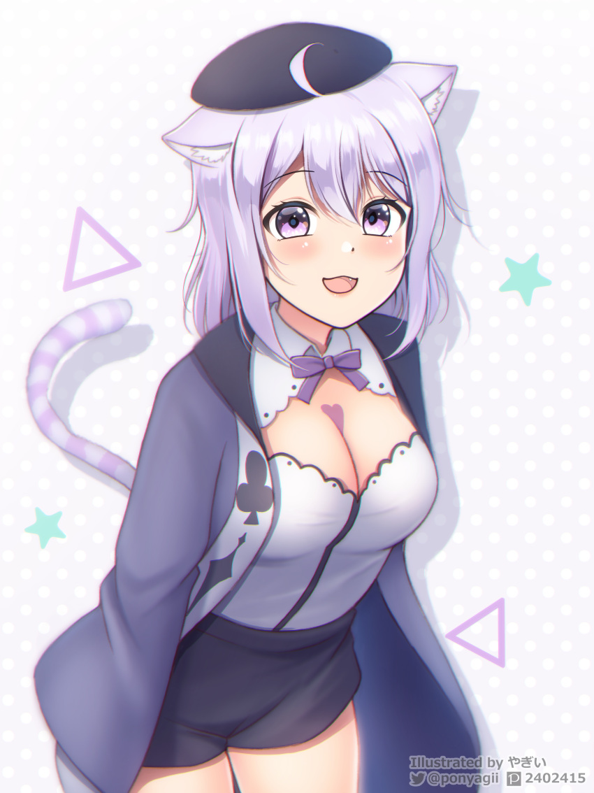 1girl absurdres animal_ear_fluff animal_ears artist_name beret black_headwear black_shorts blush bow breasts cat_ears cat_girl cat_tail cleavage club_(shape) dot_nose eyelashes grey_jacket hat heart_on_chest highres hololive jacket jacket_on_shoulders large_breasts nekomata_okayu nekomata_okayu_(6th_costume) open_mouth ponyagii purple_bow purple_eyes purple_hair shirt short_hair shorts smile solo star_(symbol) tail twitter_username virtual_youtuber white_shirt