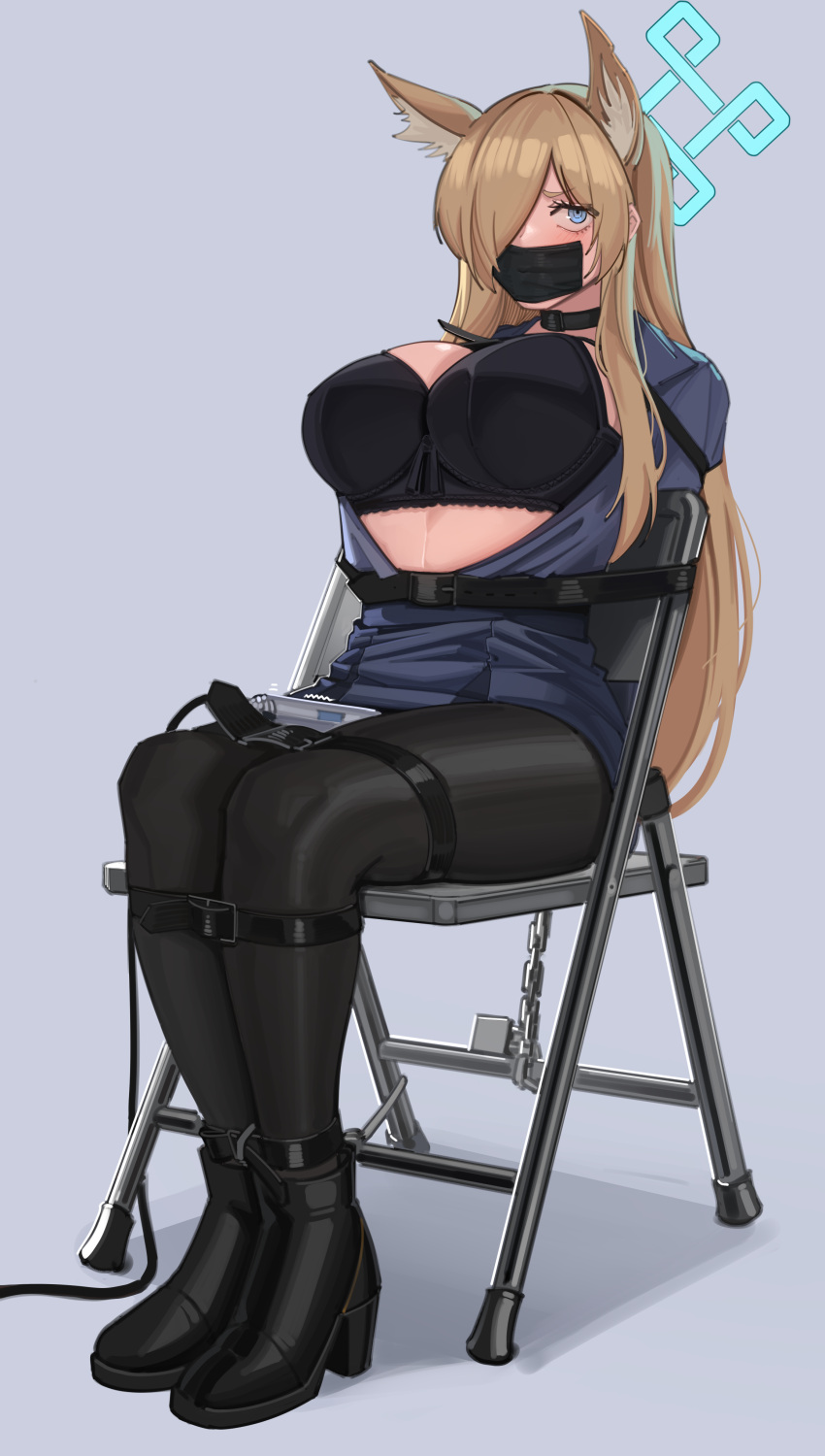 1girl absurdres animal_ears arms_behind_back belt black_bra black_footwear black_pantyhose blonde_hair blue_archive blue_background blue_eyes blue_halo blue_shirt blue_skirt blush bra breasts breasts_out cable_tie chain chair collar full_body gag hair_over_one_eye halo harris_hero high_heels highres improvised_gag kanna_(blue_archive) large_breasts lock long_hair looking_at_viewer multiple_belts on_chair pantyhose restrained sex_toy shirt sitting skirt solo tape tape_gag underwear vibrator vibrator_cord