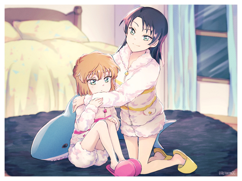 2girls astrayin bed black_hair brown_hair curtains fur-trimmed_jacket fur_trim haibara_ai ikea_shark indoors jacket kneeling knees_up long_hair long_sleeves meitantei_conan miyano_akemi multiple_girls shoes short_hair shorts siblings sisters sitting stuffed_animal stuffed_shark stuffed_toy window