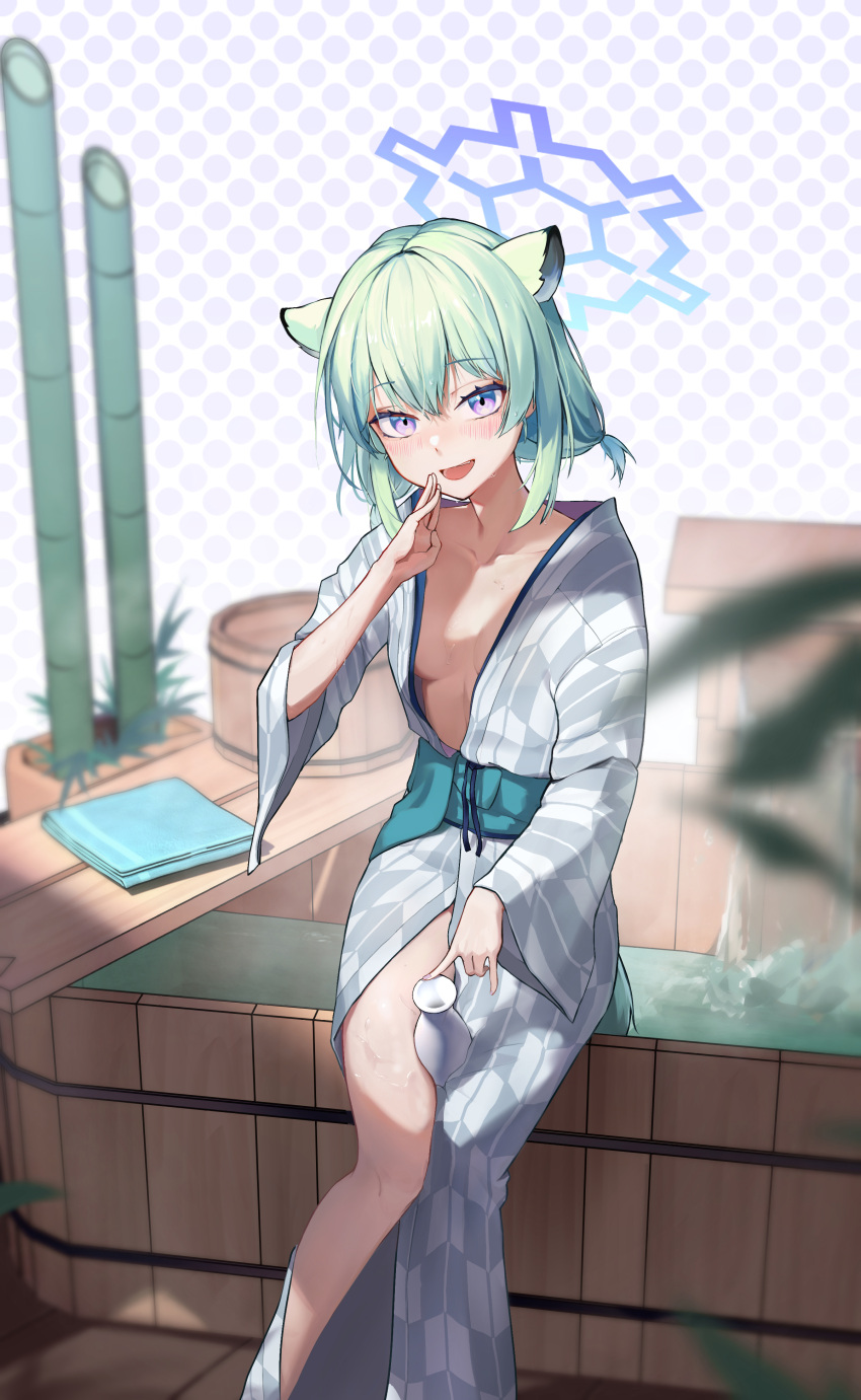 1girl 20cnanmin absurdres animal_ears bamboo bath bathtub between_legs blue_archive blush breasts collarbone feet_out_of_frame green_hair grey_kimono halo head_tilt highres japanese_clothes kimono knees_together_feet_apart looking_at_viewer low_twintails nail_polish obi official_alternate_costume open_clothes open_kimono open_mouth purple_eyes purple_nails sash shigure_(blue_archive) shigure_(hot_spring)_(blue_archive) short_hair small_breasts smile solo tail tokkuri towel twintails weasel_ears weasel_girl weasel_tail wet yagasuri