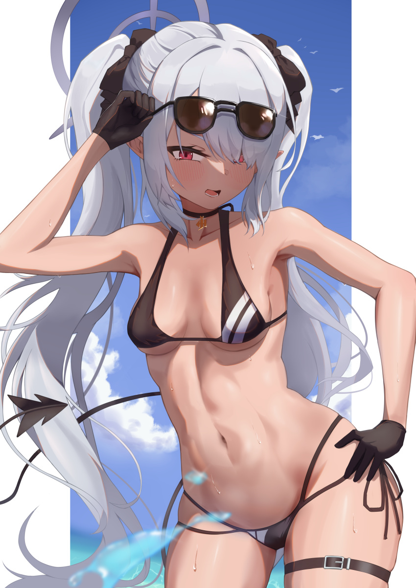 1girl absurdres adjusting_eyewear armpits belt bikini black_bikini black_choker black_gloves blue_archive blue_sky breasts choker cleavage cloud cloudy_sky collarbone commentary_request crane666 dark-skinned_female dark_skin demon_girl demon_tail gloves grey_hair hair_over_one_eye halo hand_on_own_hip highres holding holding_removed_eyewear iori_(blue_archive) iori_(swimsuit)_(blue_archive) leaning_forward long_hair looking_at_viewer medium_breasts navel official_alternate_costume outdoors parted_bangs pendant_choker pointy_ears red_eyes ribbon_choker sidelocks sky solo stomach sunglasses swimsuit tail thigh_belt thigh_strap twintails unworn_eyewear