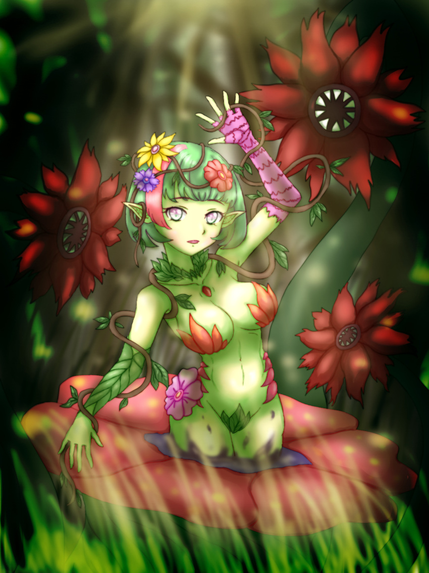 1girl absurdres alraune arm_up armpits blurry breasts cleavage collarbone colored_skin commentary_request depth_of_field flower forest_(simise) green_hair green_skin grey_eyes hair_between_eyes hair_flower hair_ornament highres in_water looking_at_viewer monster_girl navel original outdoors plant_girl pointy_ears short_hair sidelocks solo stomach veins waving