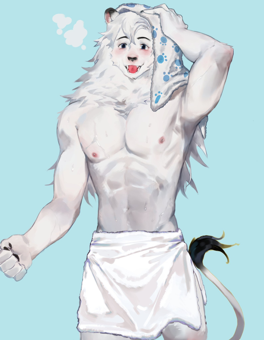 1boy animal_ears arm_up black_eyes blue_background blush body_fur breasts fangs fur-tipped_tail furry furry_male hand_on_own_head highres holding holding_towel large_breasts leo_(seibu_lions) lion_boy lion_ears lion_tail long_hair male_focus mane naked_towel open_mouth original running saitama_seibu_lions simple_background solo standing standing_on_one_leg tail toned toned_male topless_male towel towel_on_head upper_body white_fur white_hair yuuko_(yuuko891)