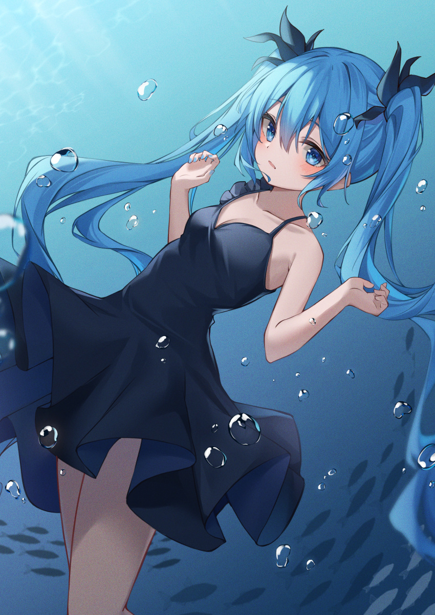 1girl absurdres air_bubble asymmetrical_dress bare_arms bare_shoulders black_dress blue_eyes blue_hair blue_nails breasts bubble cleavage collarbone commentary cowboy_shot dress fish floating_hair frilled_dress frills hair_between_eyes hair_ornament hands_up hatsune_miku highres long_hair looking_at_viewer nail_polish parted_lips ryaru_ryaru shinkai_shoujo_(vocaloid) short_dress sleeveless sleeveless_dress small_breasts solo spaghetti_strap twintails underwater very_long_hair vocaloid