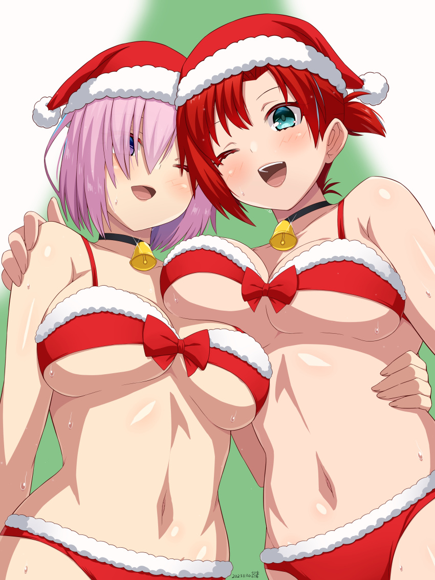 2girls absurdres bare_shoulders bell bikini boudica_(fate) breasts choker cleavage collarbone fate/grand_order fate_(series) fur-trimmed_bikini fur-trimmed_headwear fur_trim green_eyes guriguri_(arayotto4351) hair_over_one_eye hat highres jingle_bell large_breasts looking_at_viewer mash_kyrielight multiple_girls navel one_eye_closed open_mouth purple_eyes purple_hair red_bikini red_hair red_headwear santa_hat short_hair short_ponytail smile swimsuit underboob