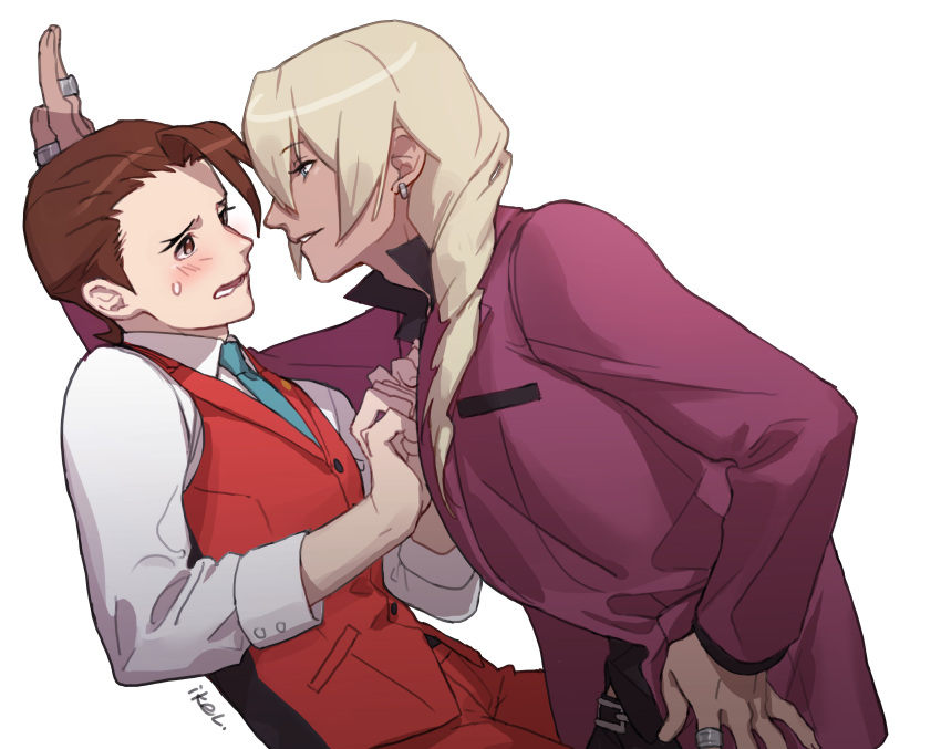 2boys absurdres ace_attorney antenna_hair apollo_justice aqua_necktie artist_name belt black_belt black_pants black_shirt blonde_hair blue_eyes blush brown_eyes brown_hair buttons collared_shirt dark-skinned_male dark_skin earrings eye_contact forked_eyebrows from_side hair_over_shoulder hand_on_another's_chest hand_on_own_hip highres jacket jewelry kabedon keapriciti klavier_gavin lapel_pin lapels long_sleeves looking_at_another male_focus medium_hair multiple_boys multiple_rings necktie open_clothes open_collar open_jacket open_mouth pants pocket popped_collar profile purple_jacket red_pants red_vest ring shirt short_hair simple_background sleeve_cuffs sweat thumb_ring twisted_hair upper_body vest wavy_mouth white_background white_shirt yaoi