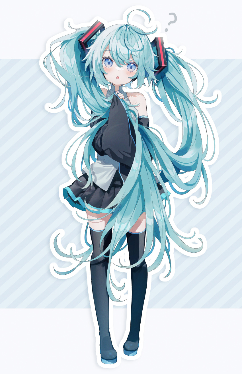 1girl :o ? absurdres ahoge aqua_hair bare_shoulders black_footwear black_skirt blue_background blue_eyes blush boots collared_shirt commentary_request detached_sleeves eyelashes fuinagi_(huyuu_mm) full_body hair_between_eyes hair_ornament hand_up hatsune_miku highres holding holding_hair long_hair long_sleeves looking_at_viewer open_mouth outline pleated_skirt shirt sidelocks simple_background skirt sleeveless sleeveless_shirt solo standing striped striped_background thigh_boots twintails very_long_hair vocaloid white_background white_outline white_shirt white_sleeves wide_sleeves wing_collar