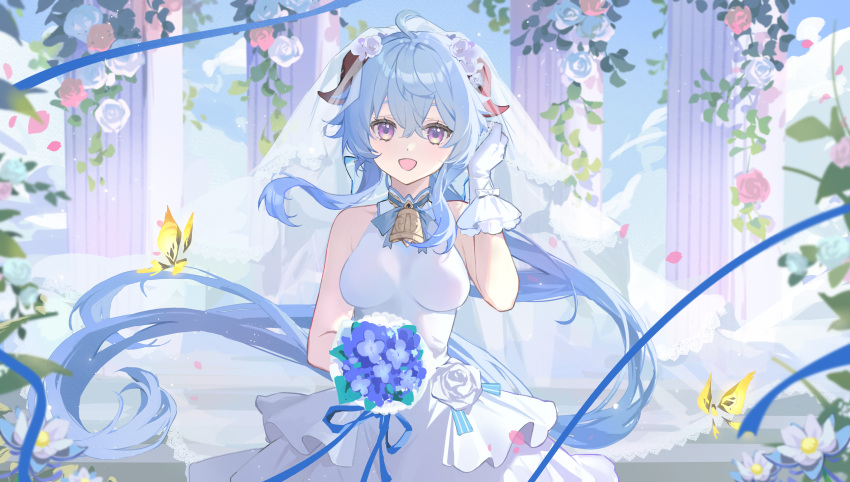 1girl absurdres ahoge alternate_costume bare_shoulders bell blue_hair blue_ribbon blue_sky bouquet breasts bridal_veil bride bug butterfly chinese_commentary cloud commentary_request crossed_bangs double-parted_bangs dress floating_hair flower ganyu_(genshin_impact) genshin_impact gloves goat_horns hair_flower hair_ornament hand_up highres holding holding_bouquet horns long_hair looking_at_viewer medium_breasts neck_bell open_mouth pillar purple_eyes purple_flower qingxin_flower red_flower red_rose ribbon rose see-through_veil sidelocks sky sleeveless sleeveless_dress solo straight-on upper_body veil wedding_dress white_dress white_flower white_gloves white_rose white_veil yellow_butterfly yuki_(miyuki_kii)