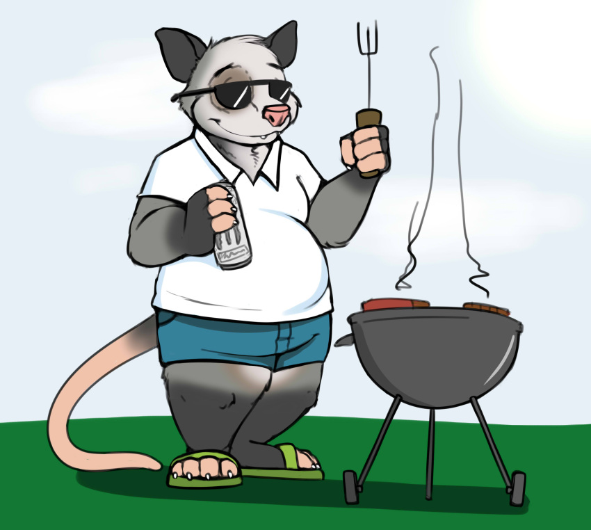 anthro barbecue belly beverage_can boomer_wojak bottomwear clothing didelphid emenius eyewear grilling hi_res male mammal marsupial meme middle_aged monster_energy shirt shorts smile solo sunglasses topwear wojak