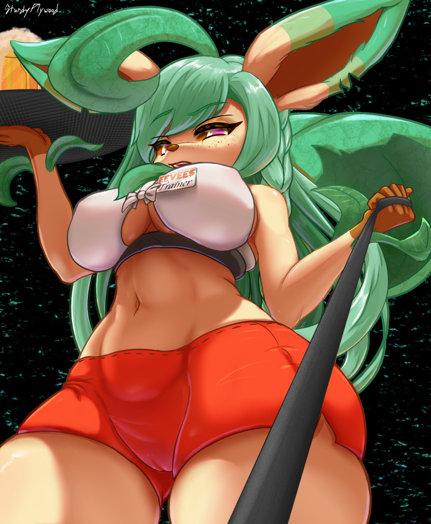 1girl absurdres artist_name bdsm breasts cameltoe crop_top furry furry_female green_hair highres holding holding_leash holding_tray large_breasts leafeon leash long_hair looking_at_viewer micro_shorts midriff name_tag orange_shorts pokemon pokemon_(creature) pokephilia shirt shorts sturdyplywood thighs tray underboob watermark white_shirt