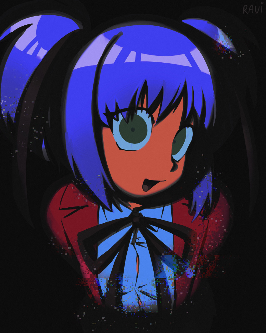 2023 absurdres bokusatsu_tenshi_dokuro-chan bow dark dress_shirt glitch green_eyes highres jacket mitsukai_dokuro open_clothes open_jacket purple_hair ravi-617 red_jacket shirt short_twintails smile twintails