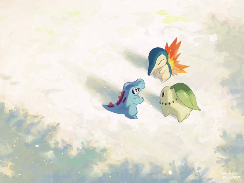 chikorita closed_eyes cyndaquil day fang fire from_above highres mokuzou_(moku_ssbu) no_humans outdoors pokemon pokemon_(creature) red_eyes signature starter_pokemon_trio totodile